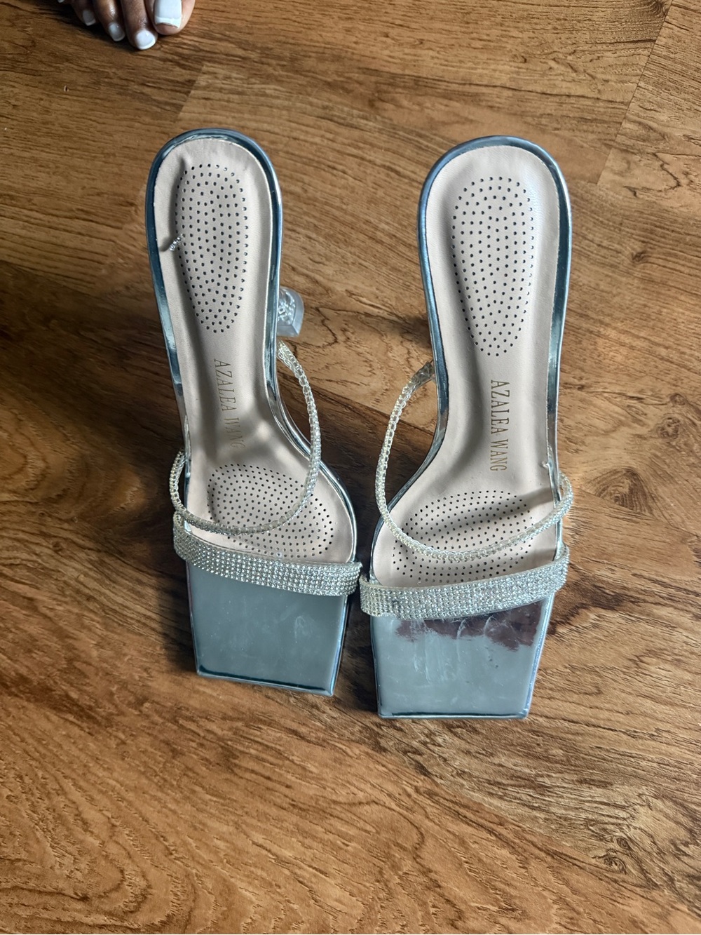 Silver Rhinestone Strap Square-Toe Heeled Sandals